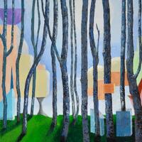 Bild vergrößern: Farbenfrohe, abstrakte Landschaftsdarstellung von Bäumen.